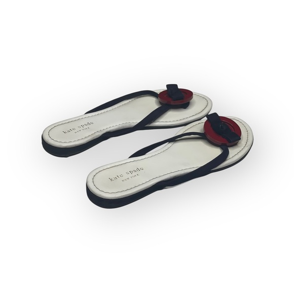Kate Spade KSNY Thong Button + Bow Flat Leather Sandals Red White Blue 8M - Picture 3 of 16